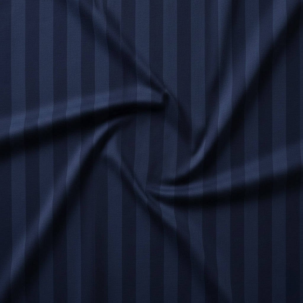 Midnight blue cotton fabric with tonal navy stripes.