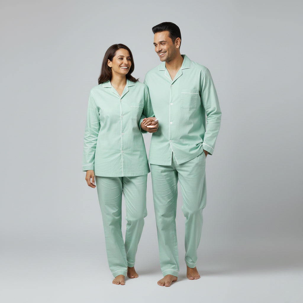 Mint green cotton matching couple pajamas