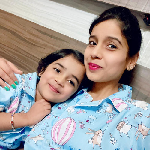 Mother daughter matching night dress in blue color