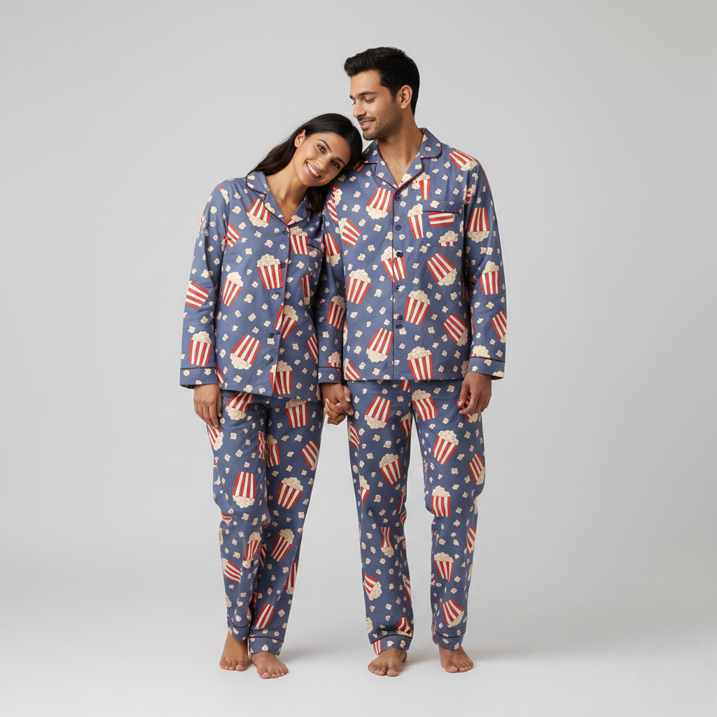 Popcorn print couple night suit worn together as matching pajamas at home
