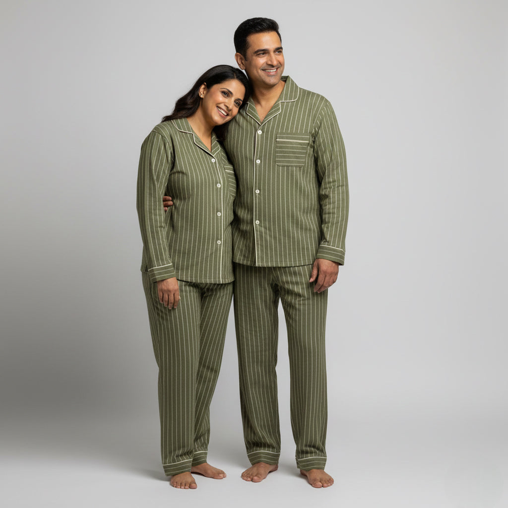 Couple cotton pajamas in olive green stripe pattern.