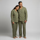 Couple cotton pajamas in olive green stripe pattern.