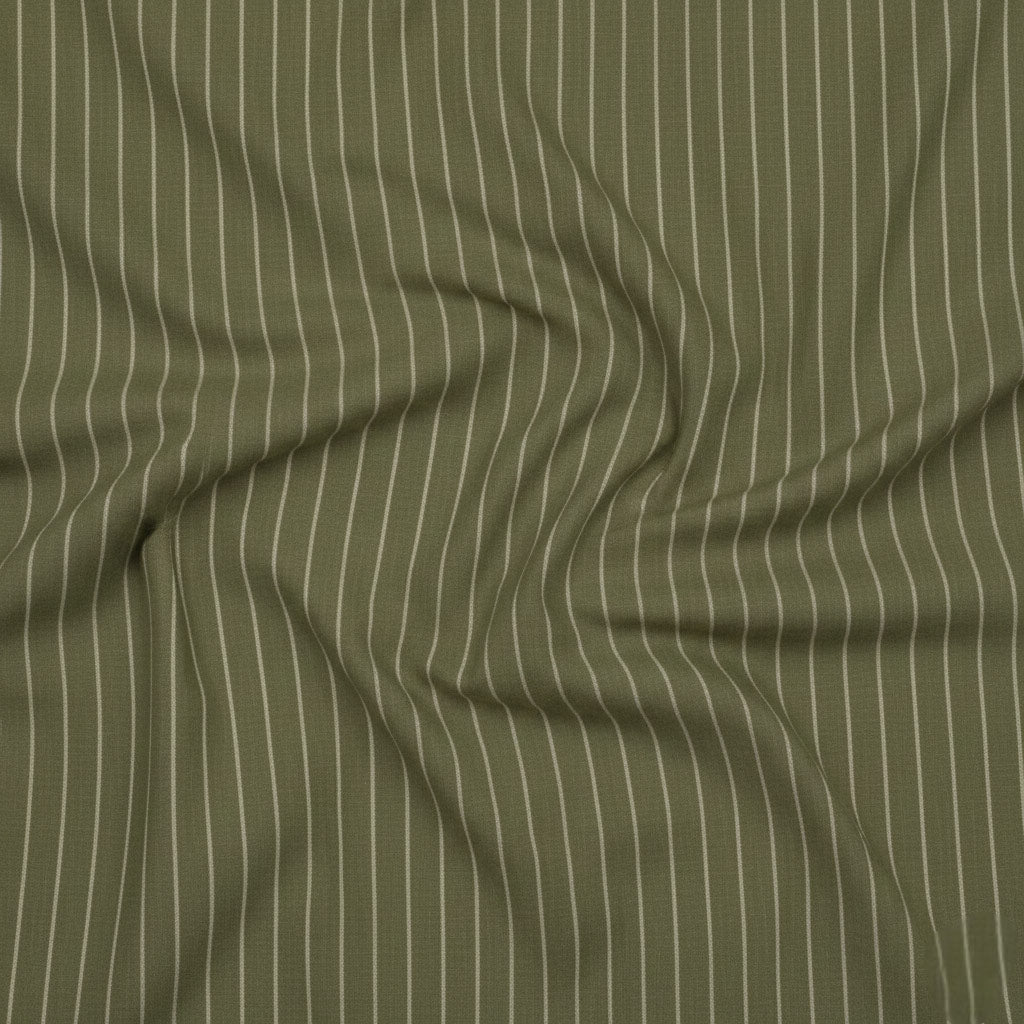 Olive green cotton fabric with soft ivory stripe detailing