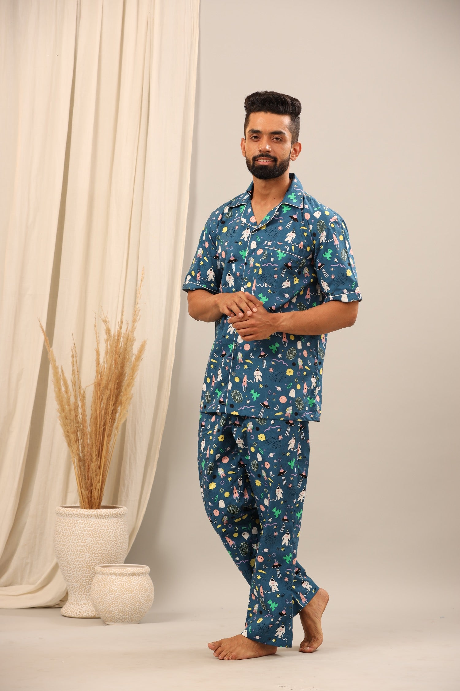 Men's Half-Sleeve Space Print Cotton Pajama Set – Pajama Tribe