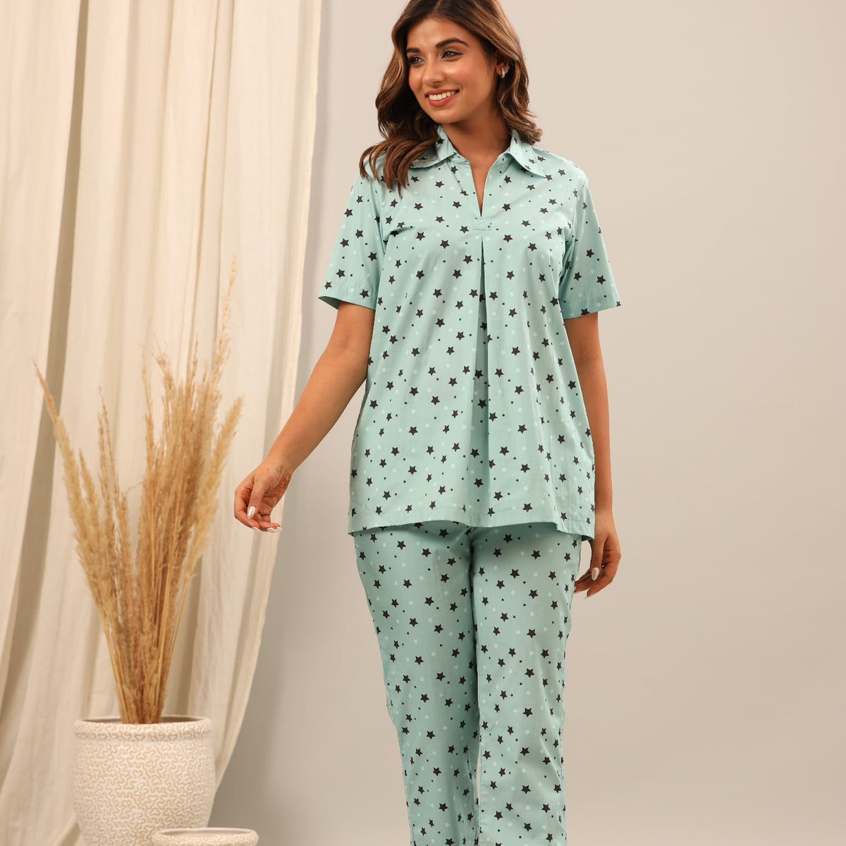 Women’s Johnny Collar Pajama Set – Twinkling Stars Print – Pajama Tribe