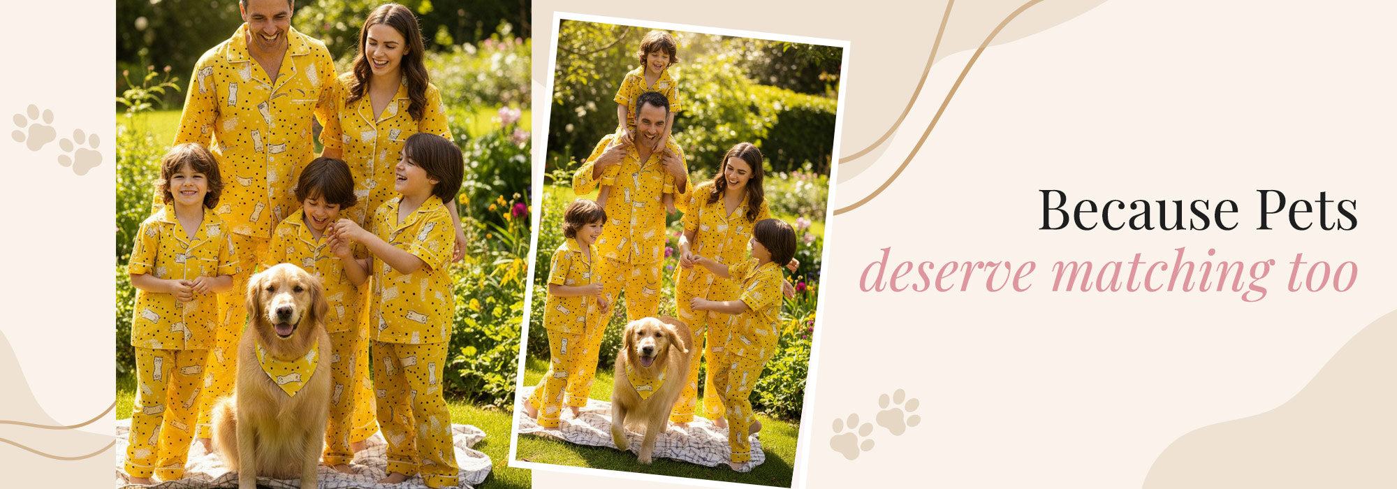 Family including pet dog in matching yellow night suits pajamas for a photo shoot