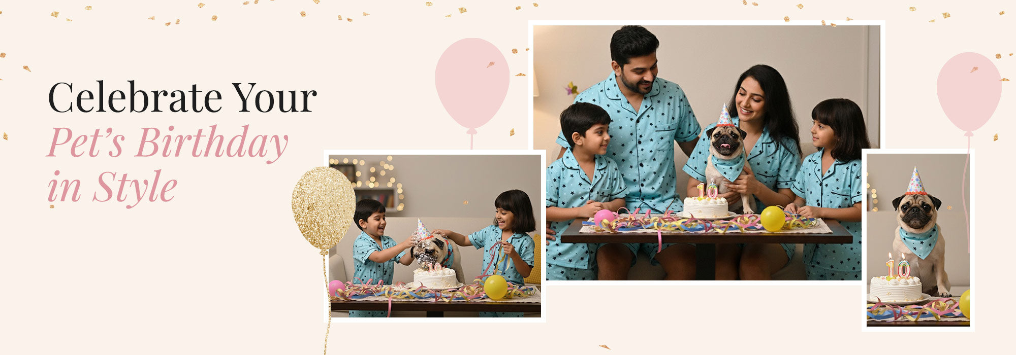 Family celebrating a pet's birthday with balloons and a cake.