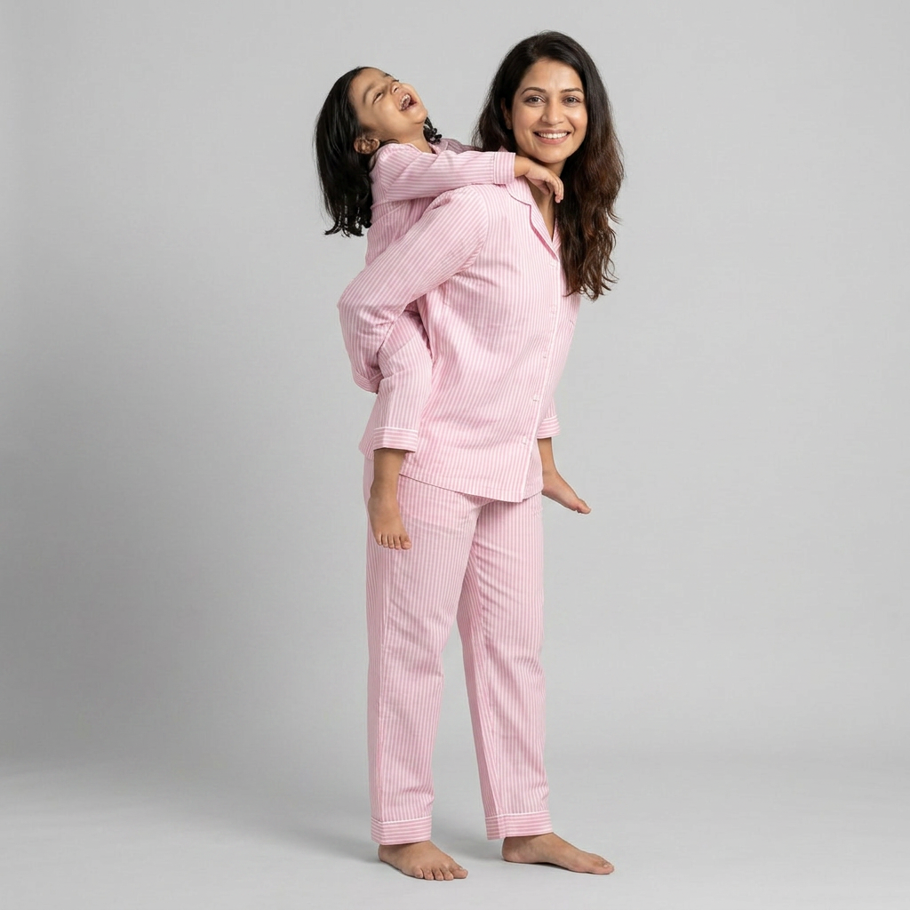 Baby Pink Stripes Mother Daughter Night Suit