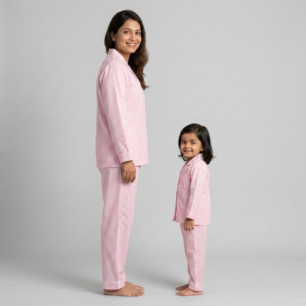 Baby Pink Stripes Mother Daughter Night Suit