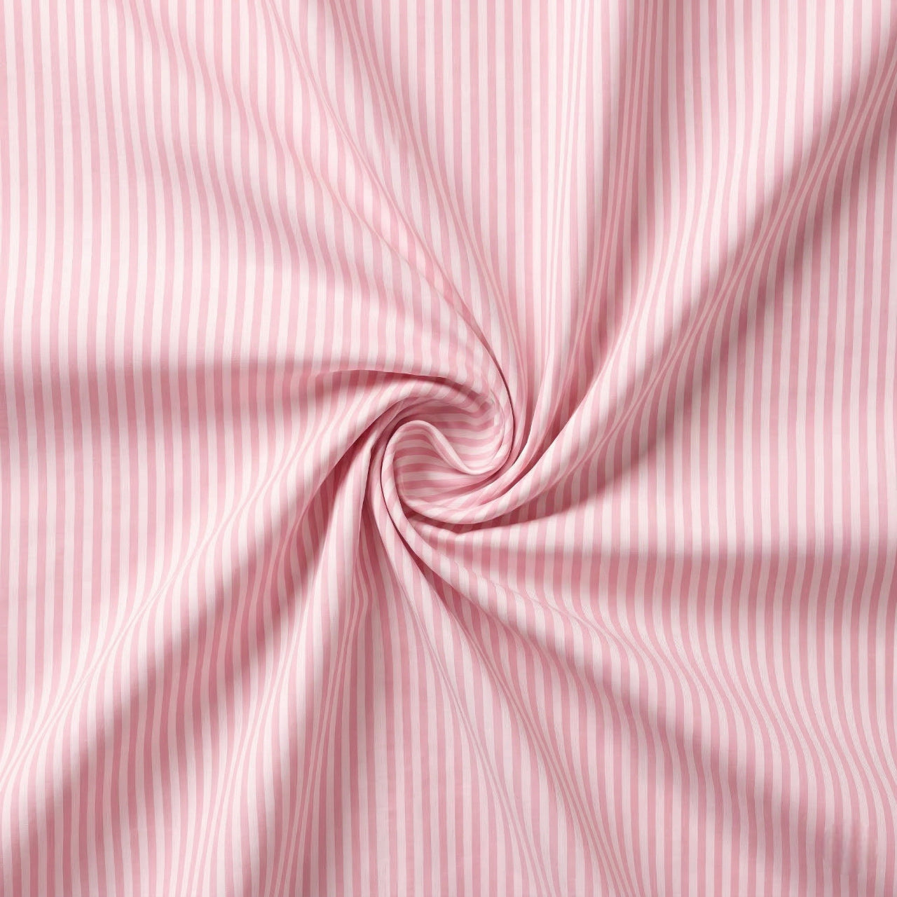 Pink fabric with thin white stripes, shown in a swirl pattern.