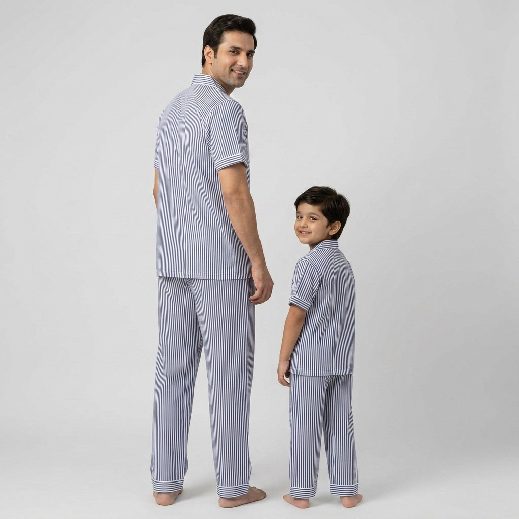 Dark Blue Pinstripes Father Son Nightwear