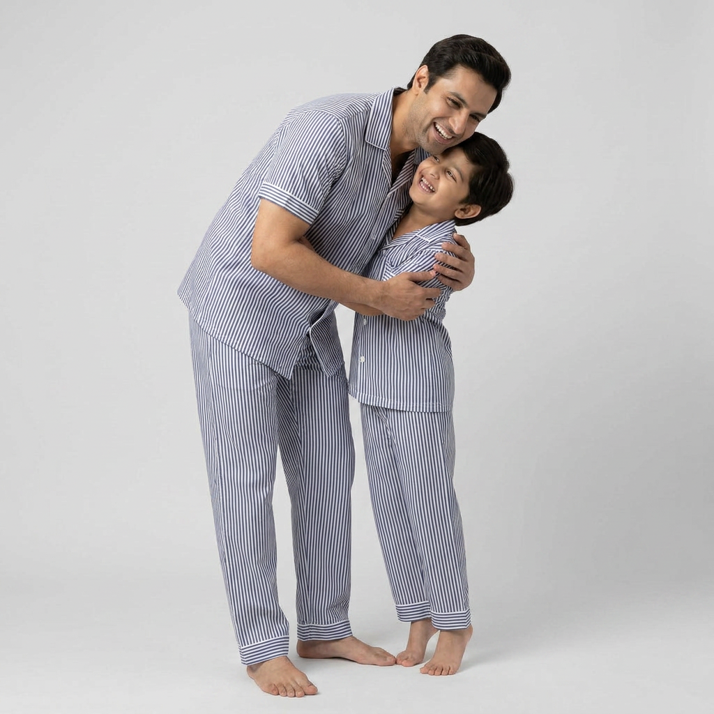 Dark Blue Pinstripes Father Son Nightwear