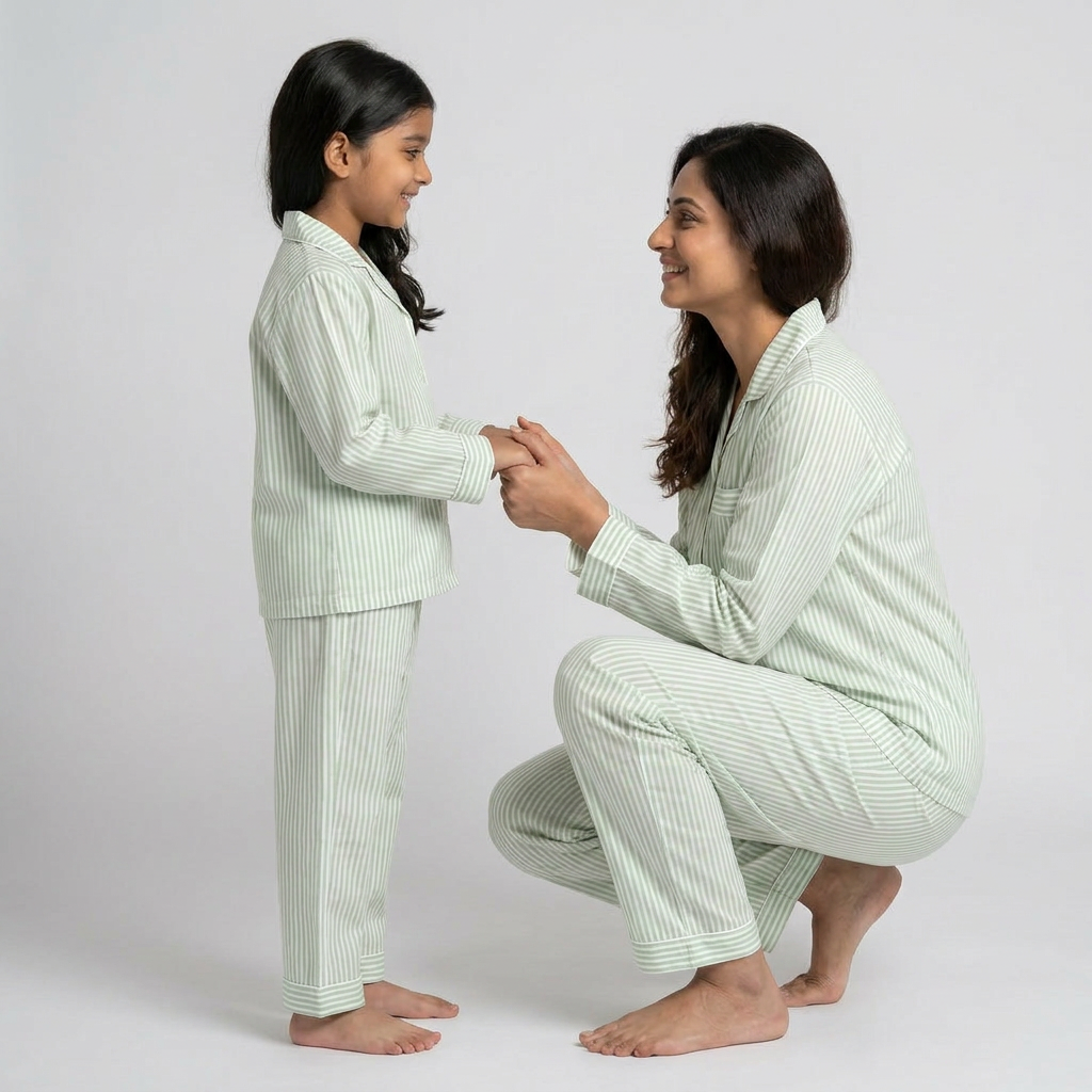 Mint Green Stripes Mother Daughter Night Suit