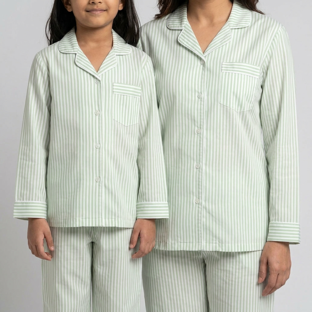 Mint Green Stripes Mother Daughter Night Suit