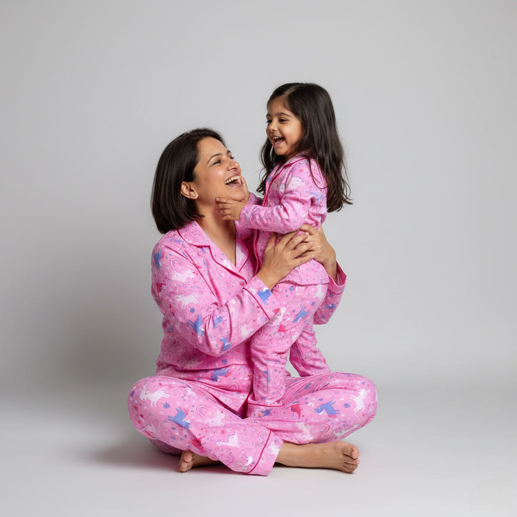 Mother and daughter in pink unicorn matching pajama set, pastel coordinated design.