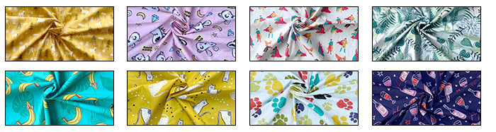 Collection of various fabric swatches with different patterns and colors.