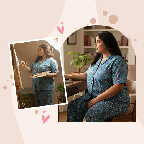 Lady wearing cotton plus size pajamas in floral pattern at home