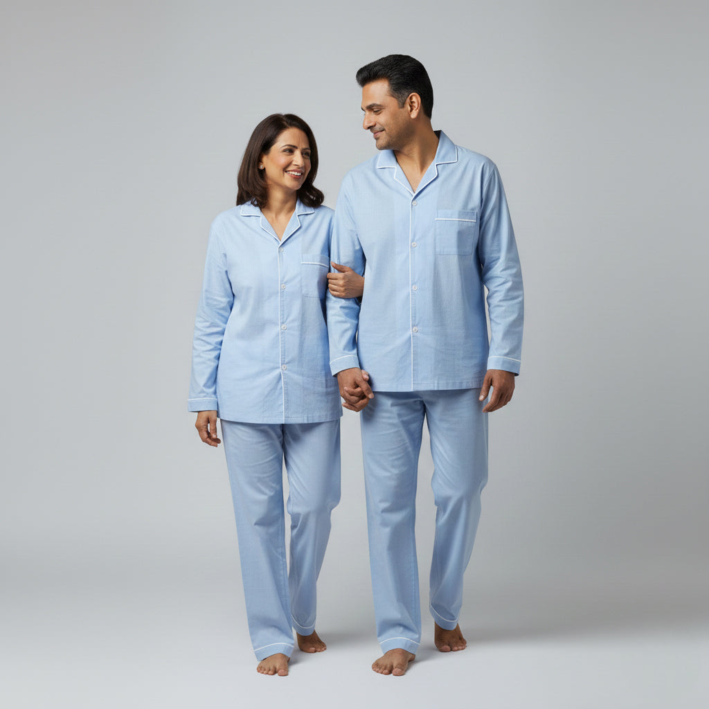 Powder blue matching couple pajama set