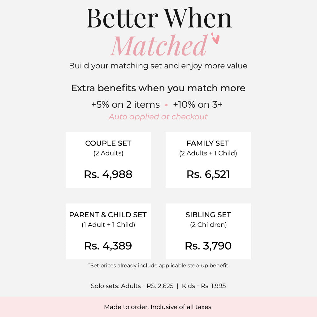 Guide showing available matching pajama set options and prices for couples, families, siblings, and individual sets