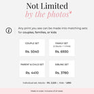 Guide showing available matching pajama set options and prices for couples, families, siblings, and individual sets