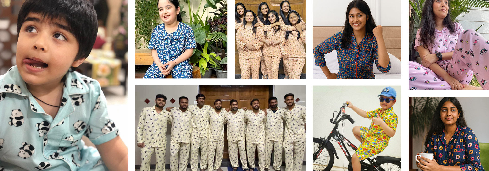 Collage of a customers in rayon fabric pajamas with family and friends in matching outfits.