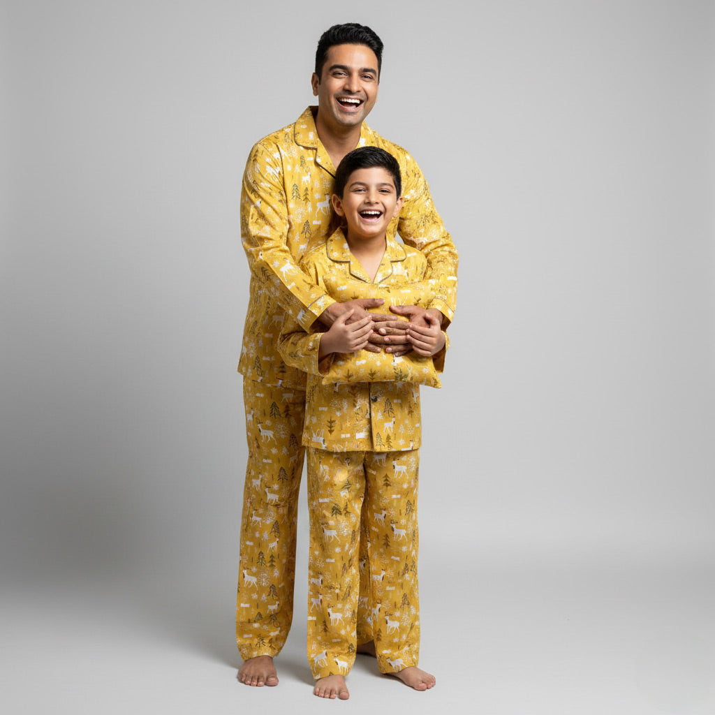 Father and son in reindeer print matching pajama set, Christmas-themed coordinated look.