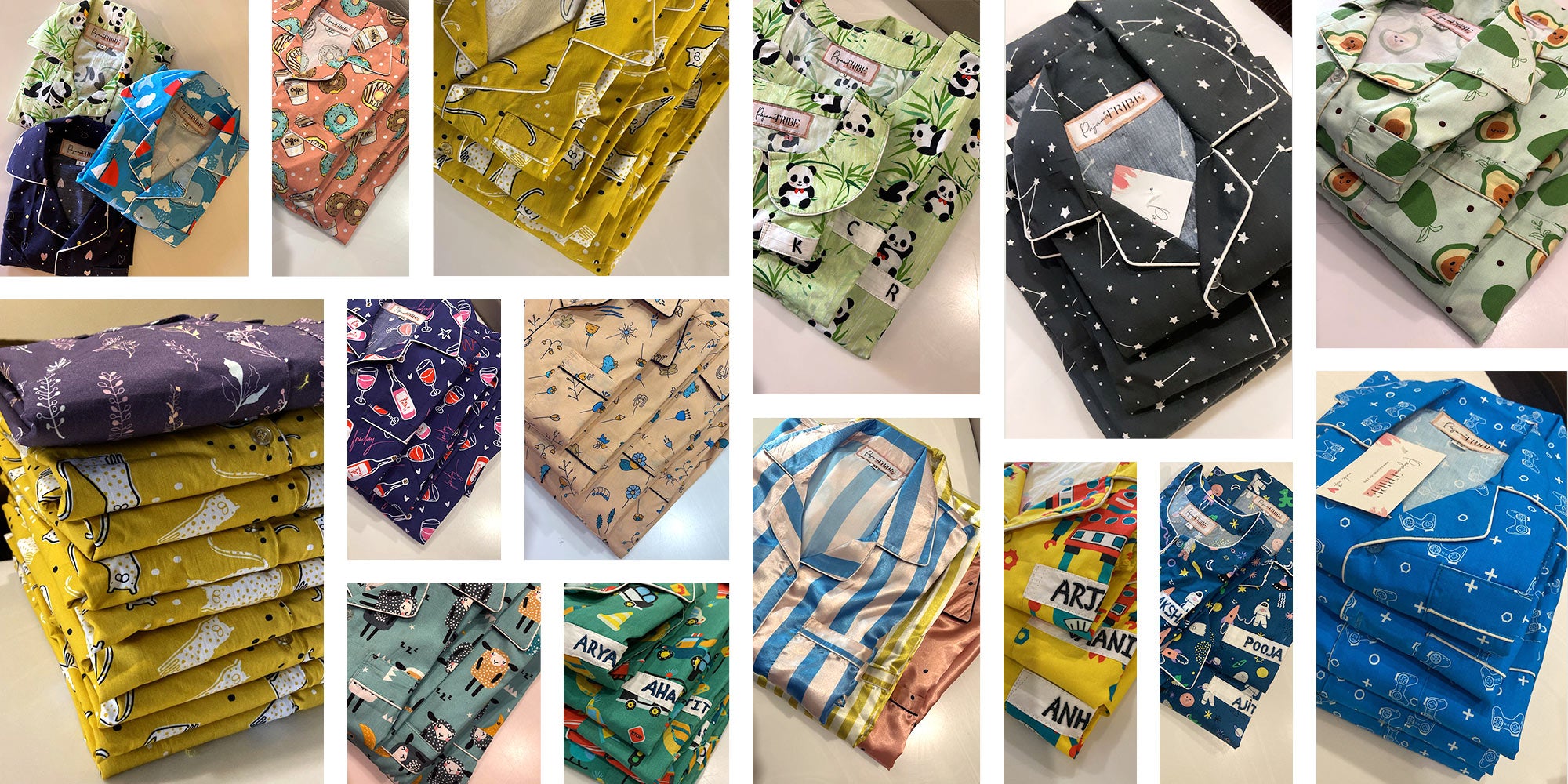 Collage of folded night suits with various patterns and colors.