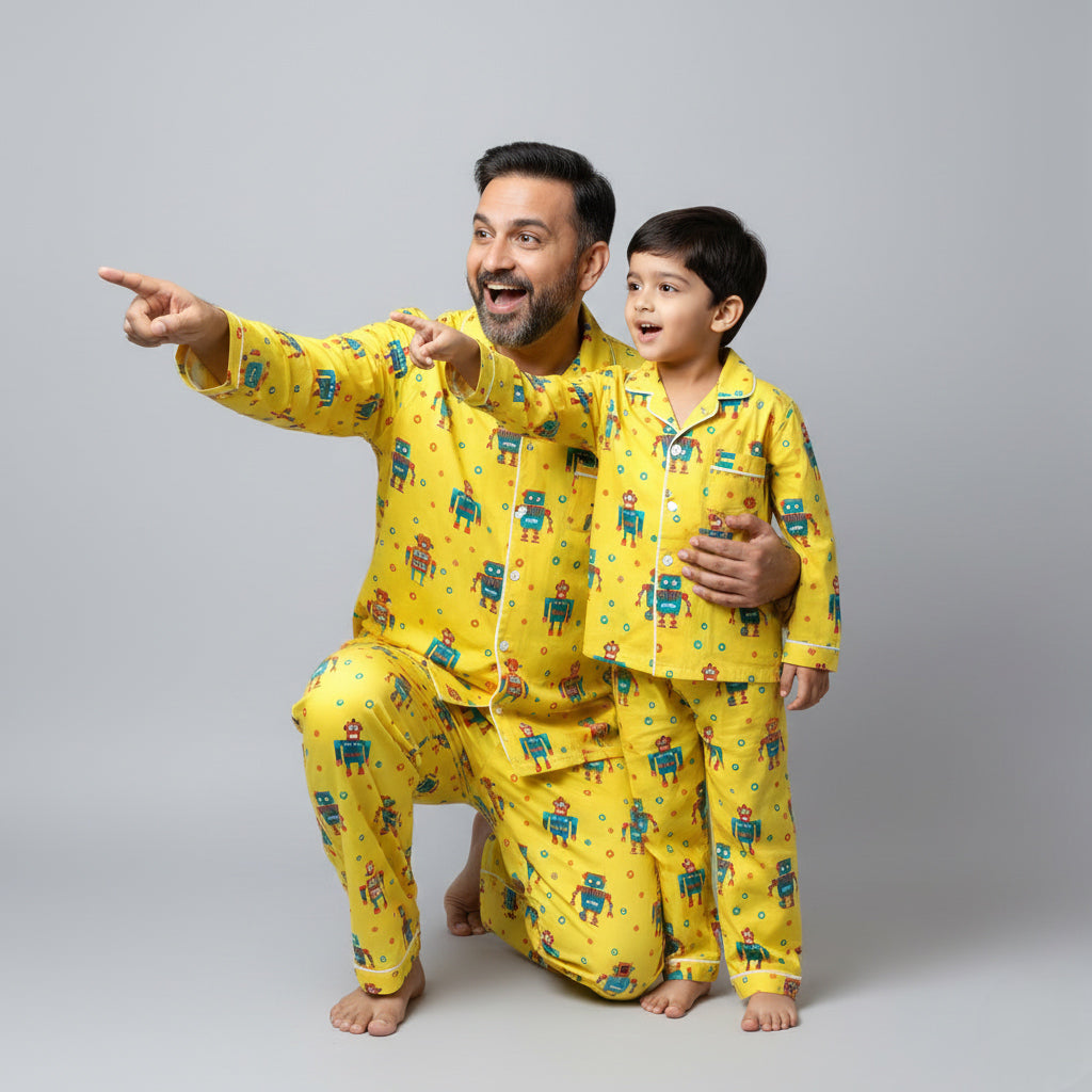 Father and son wearing robot print matching pajamas, fun tech-themed coordinated nightwear.