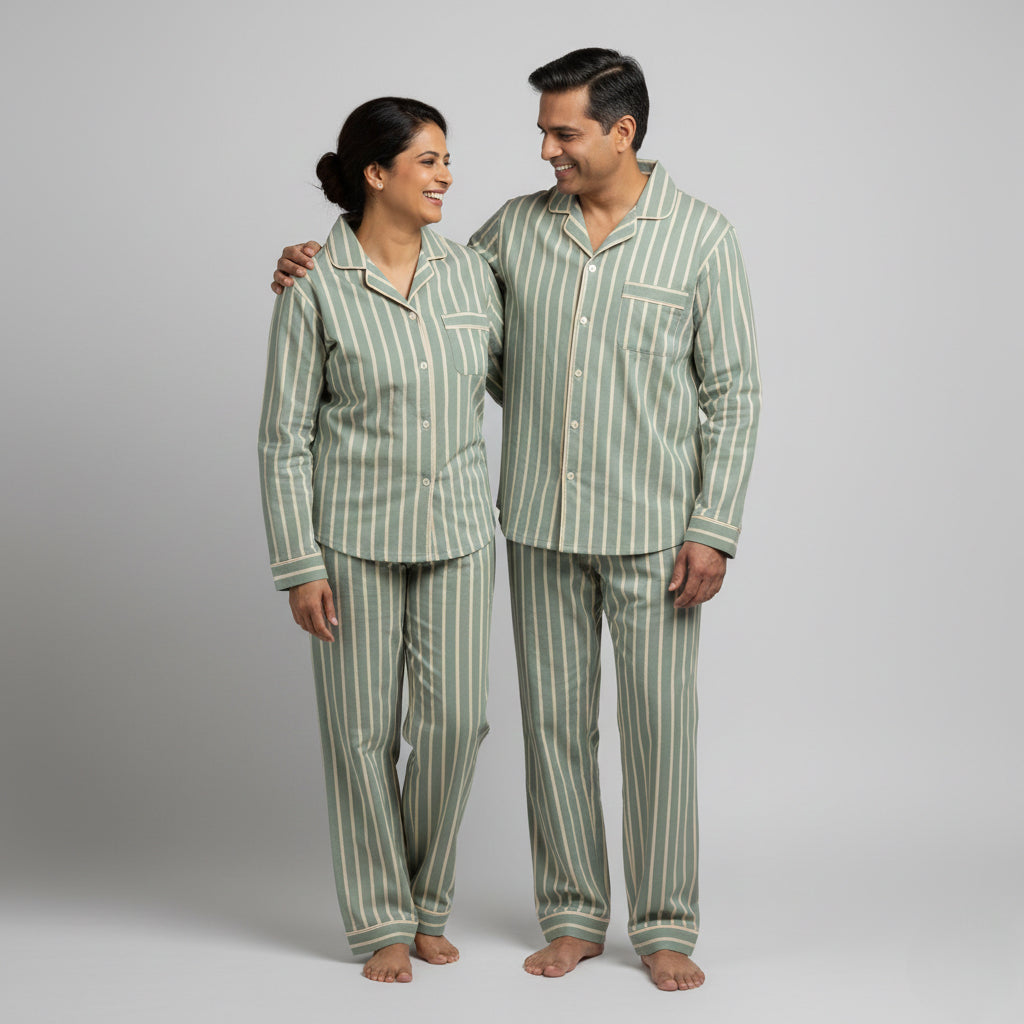 Couple cotton pajamas in sage green with cream stripes.