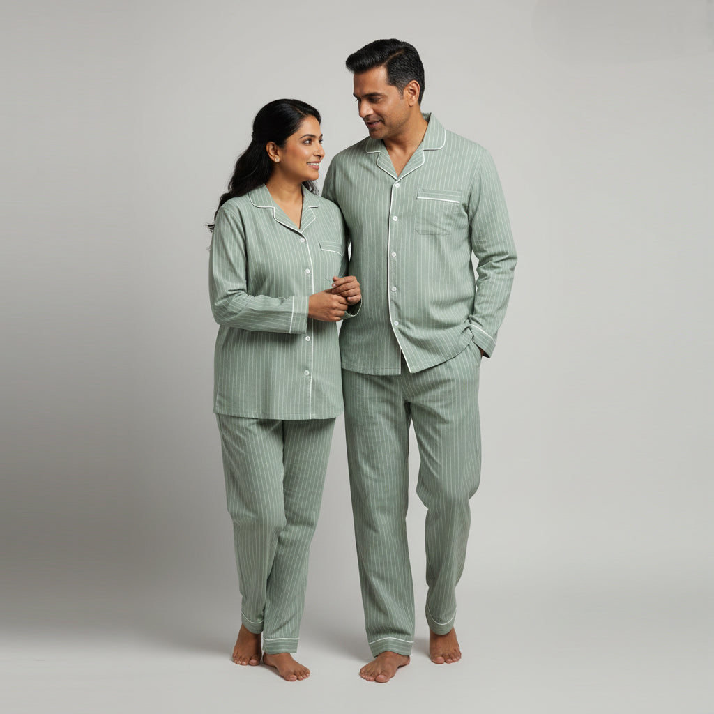 Matching couple nightwear in sage green and ivory stripes.