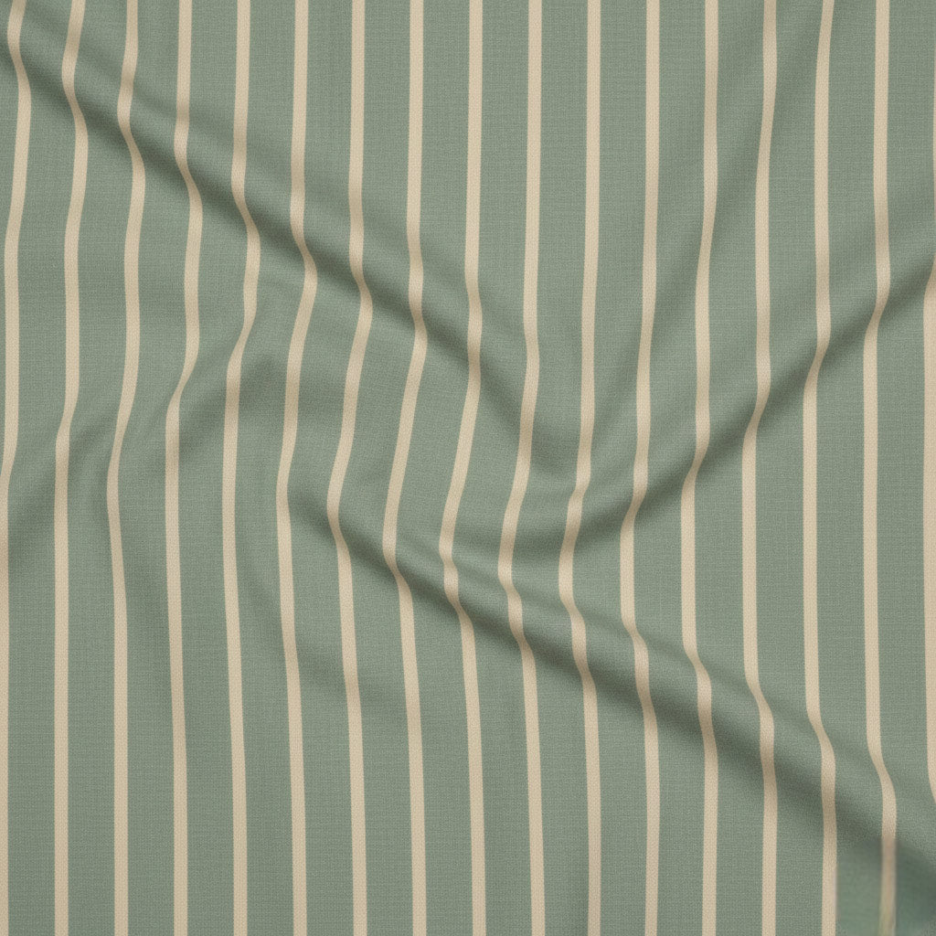 Sage green cotton fabric with soft cream stripes