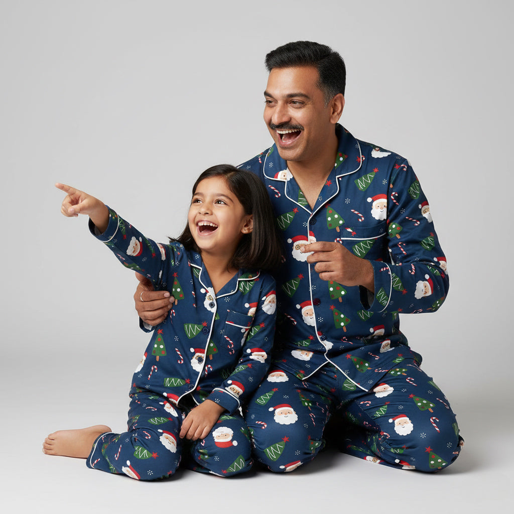 Father and daughter wearing Santa Trees matching pajamas, Christmas-themed coordinated nightwear.