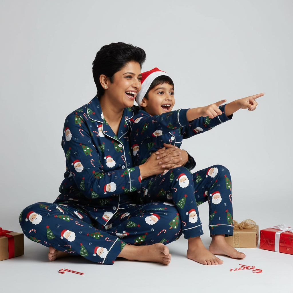 Mother and son wearing Santa Trees matching pajamas, Christmas-themed coordinated set.