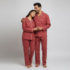 Scalloped heart border couple pajamas worn as matching his and her set