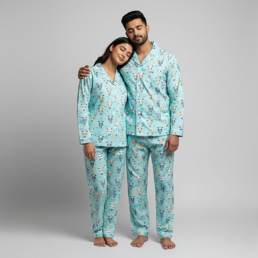 Couple in Sheepy Head matching pajamas, cute coordinated print.