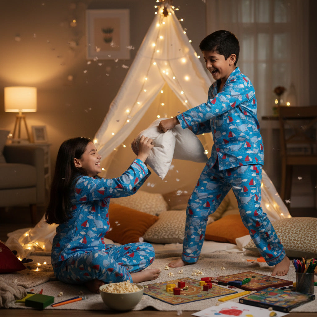 Two children in matching pajamas playing with pillows in a cozy living room.