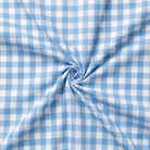 Blue and white checkered fabric with a swirl pattern