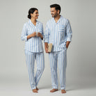 Couple cotton pajama set in sky blue striped fabric.