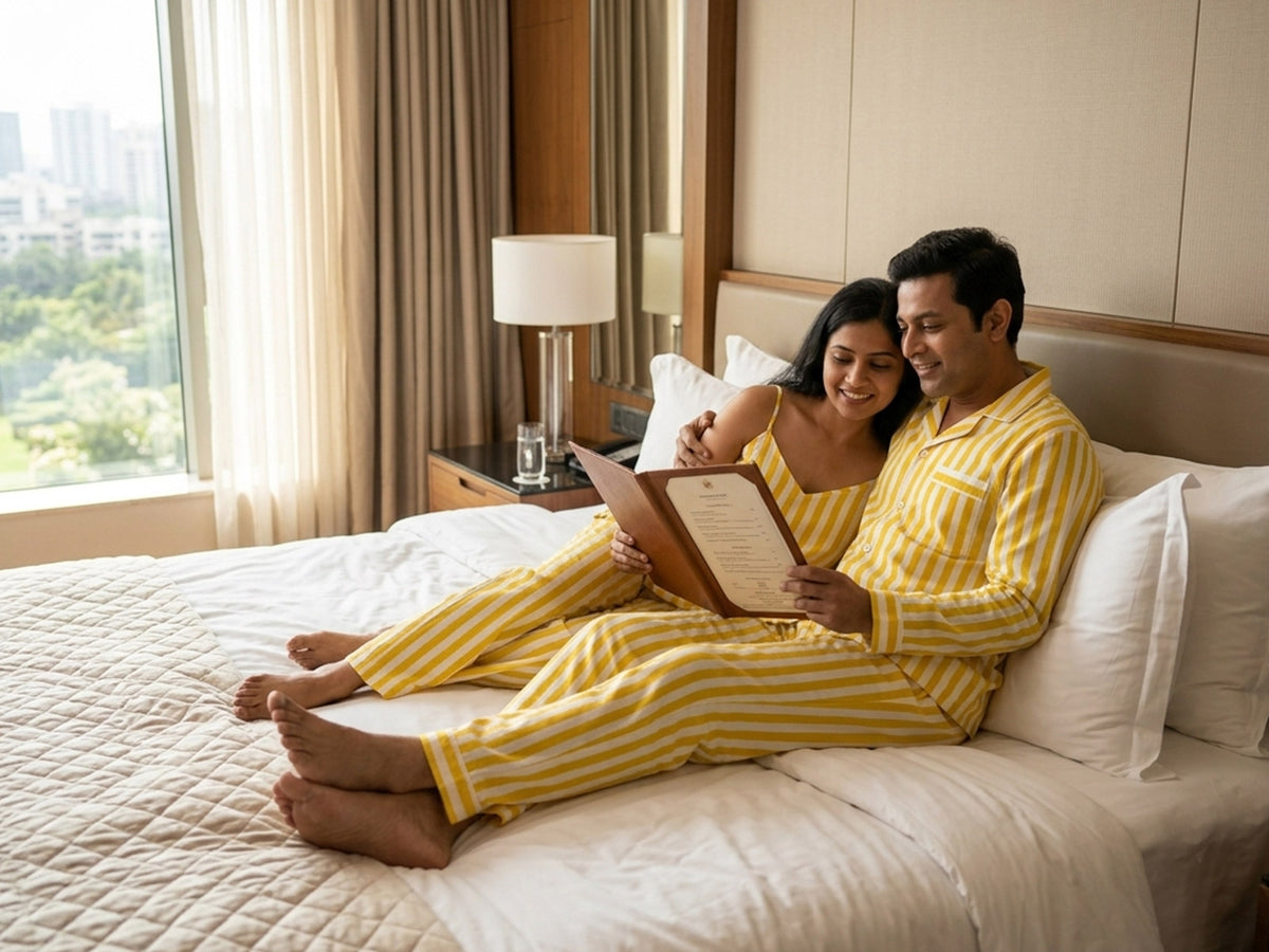 Couple in matching pajamas relaxing on a hotel bed while choosing from a room-service menu.