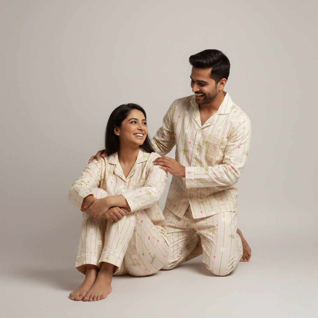 Striped floral couple pajamas with bow details in a matching nightwear set