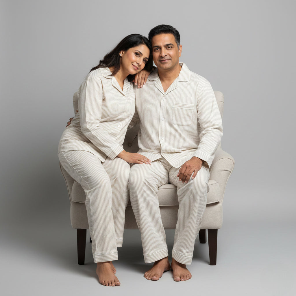 Matching couple nightwear in soft ivory with sand stripes.