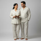 Couple cotton pajamas in soft ecru with olive green stripes