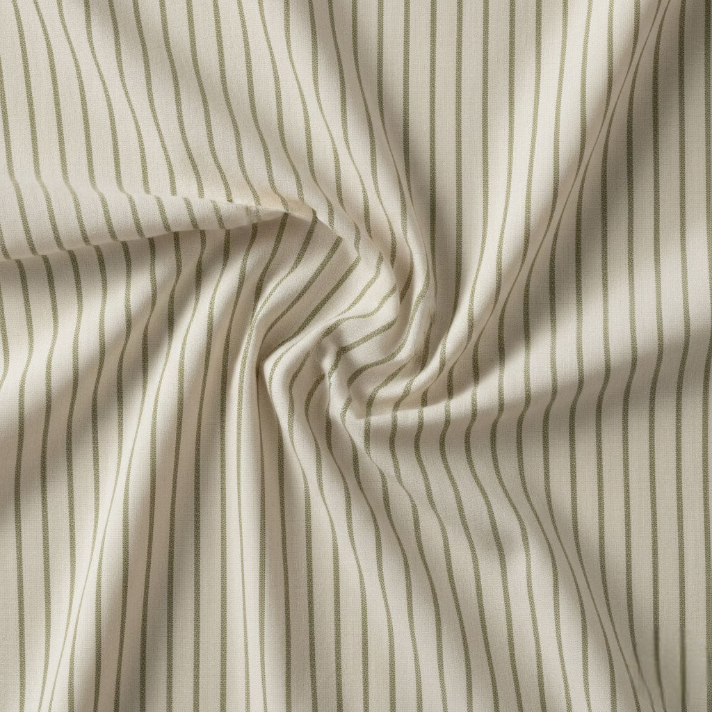 Soft ecru cotton fabric with olive green stripe detailing