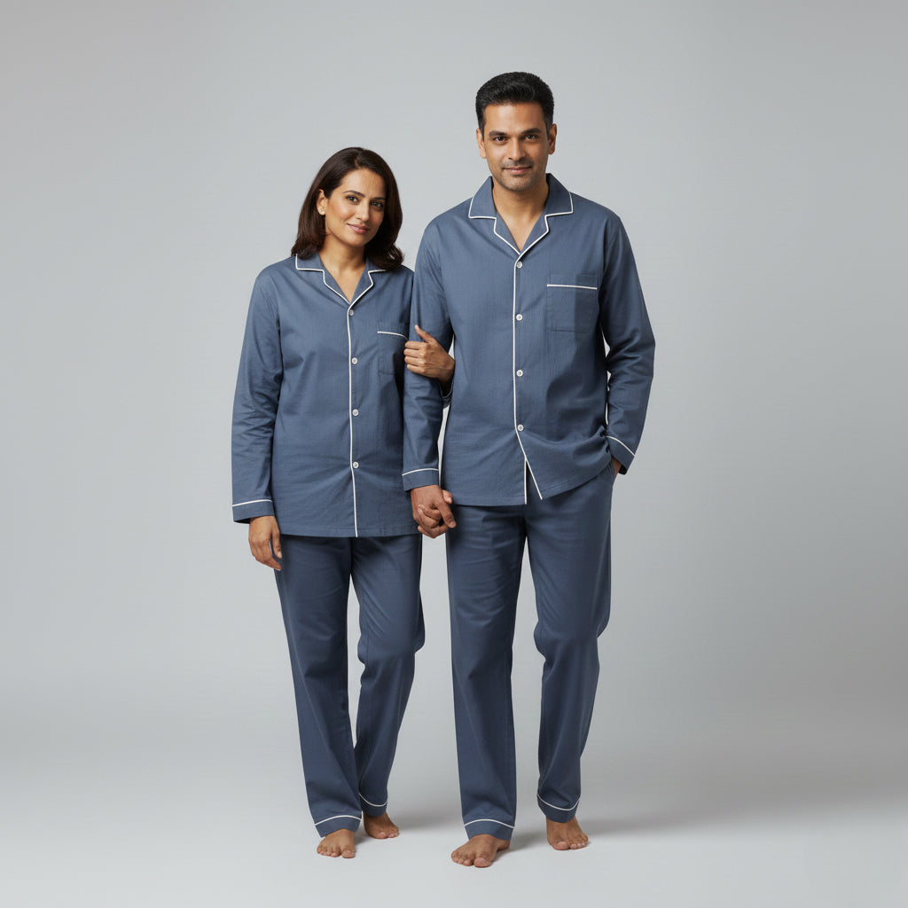 Steel blue matching couple night suit