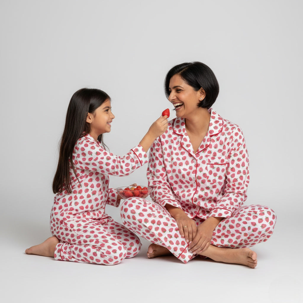 Mother and daughter wearing strawberry print matching pajamas, bright and playful coordinated nightwear.