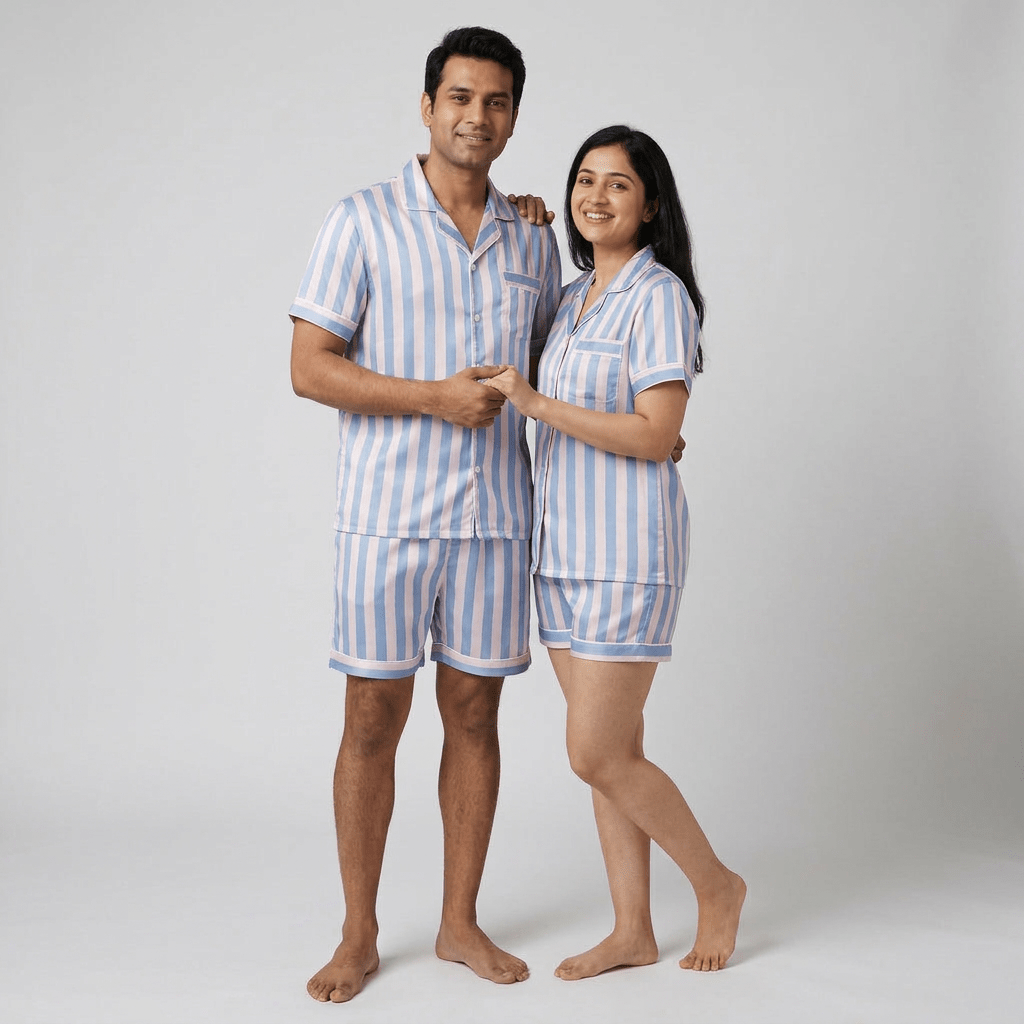 Striped Mania his and her pajama set worn together