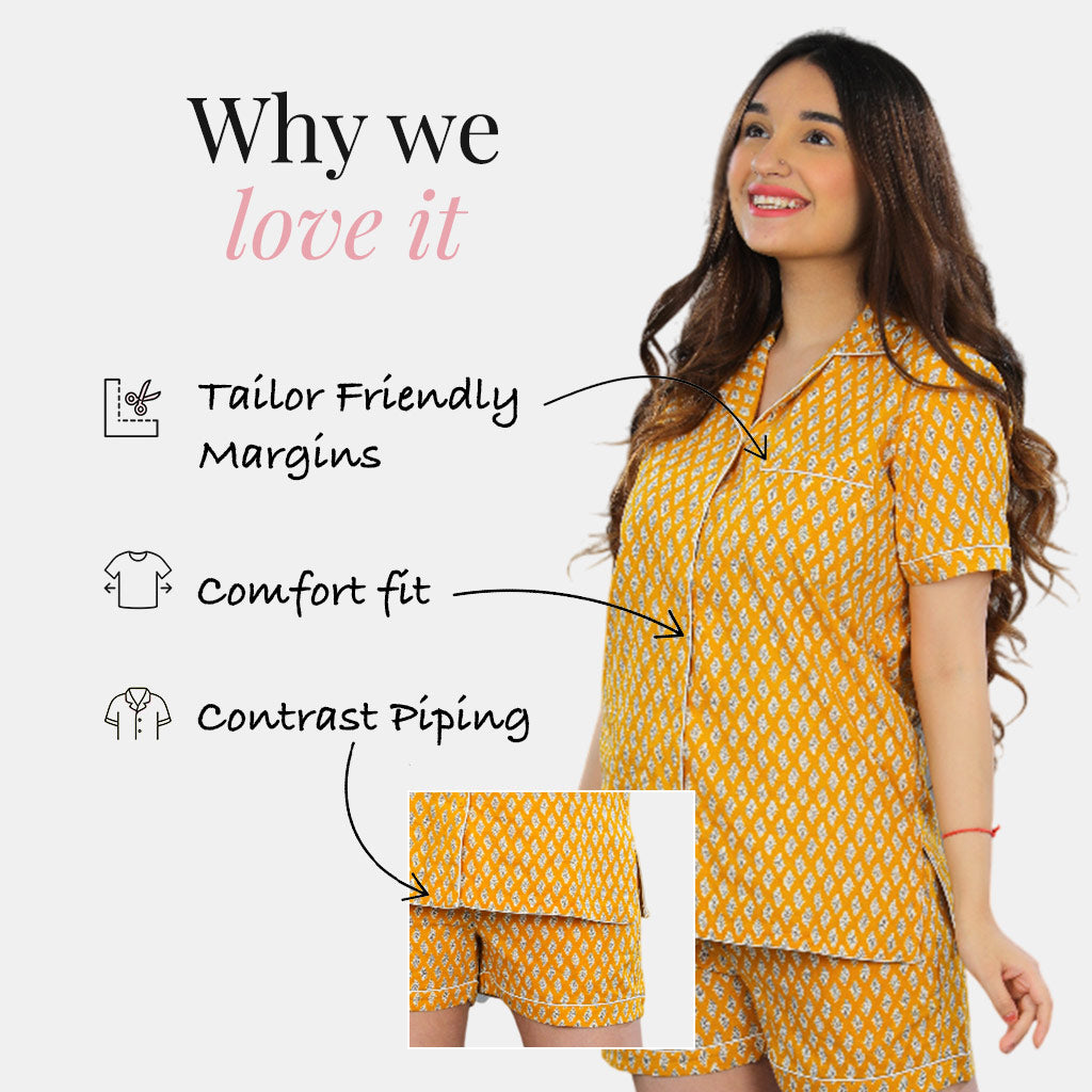 Woman wearing a yellow patterned pajama set with text highlighting features on a white background