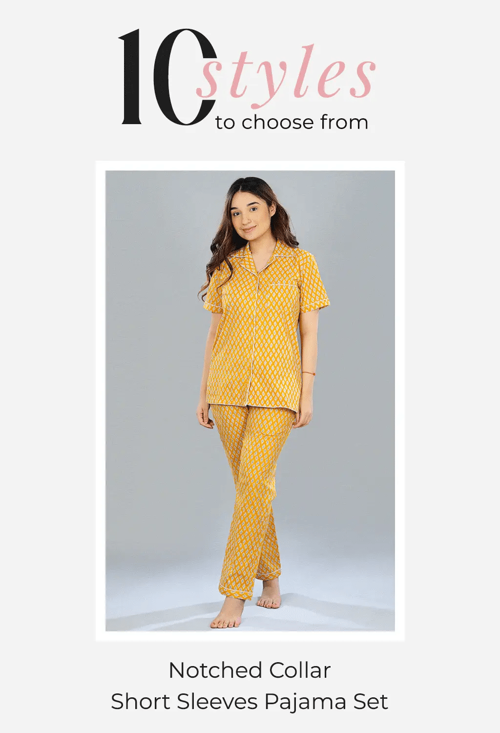 Woman wearing yellow printed notched collar short sleeve pajama set