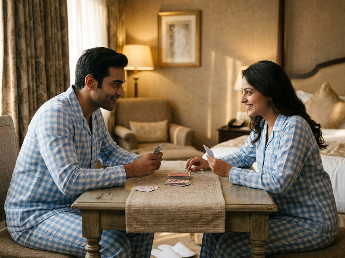 Couple in matching pajamas playing cards together at a hotel table.