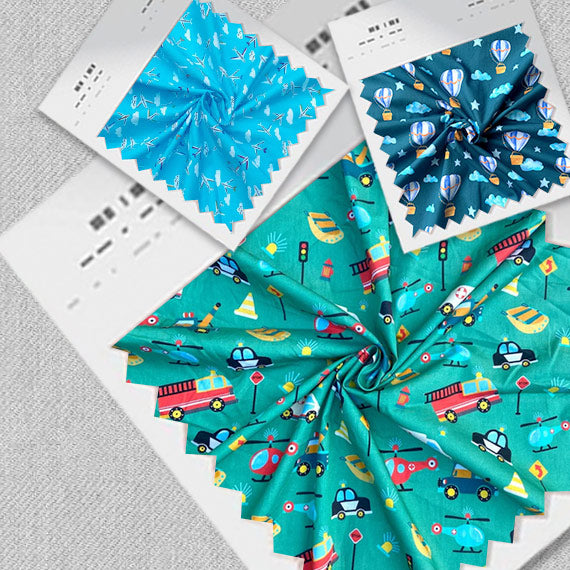 Fabric swatches with travel inspired prints for young kids